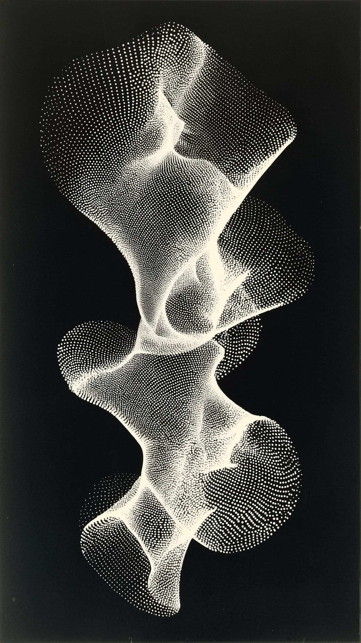 Stippled sculptural figure in white points on black