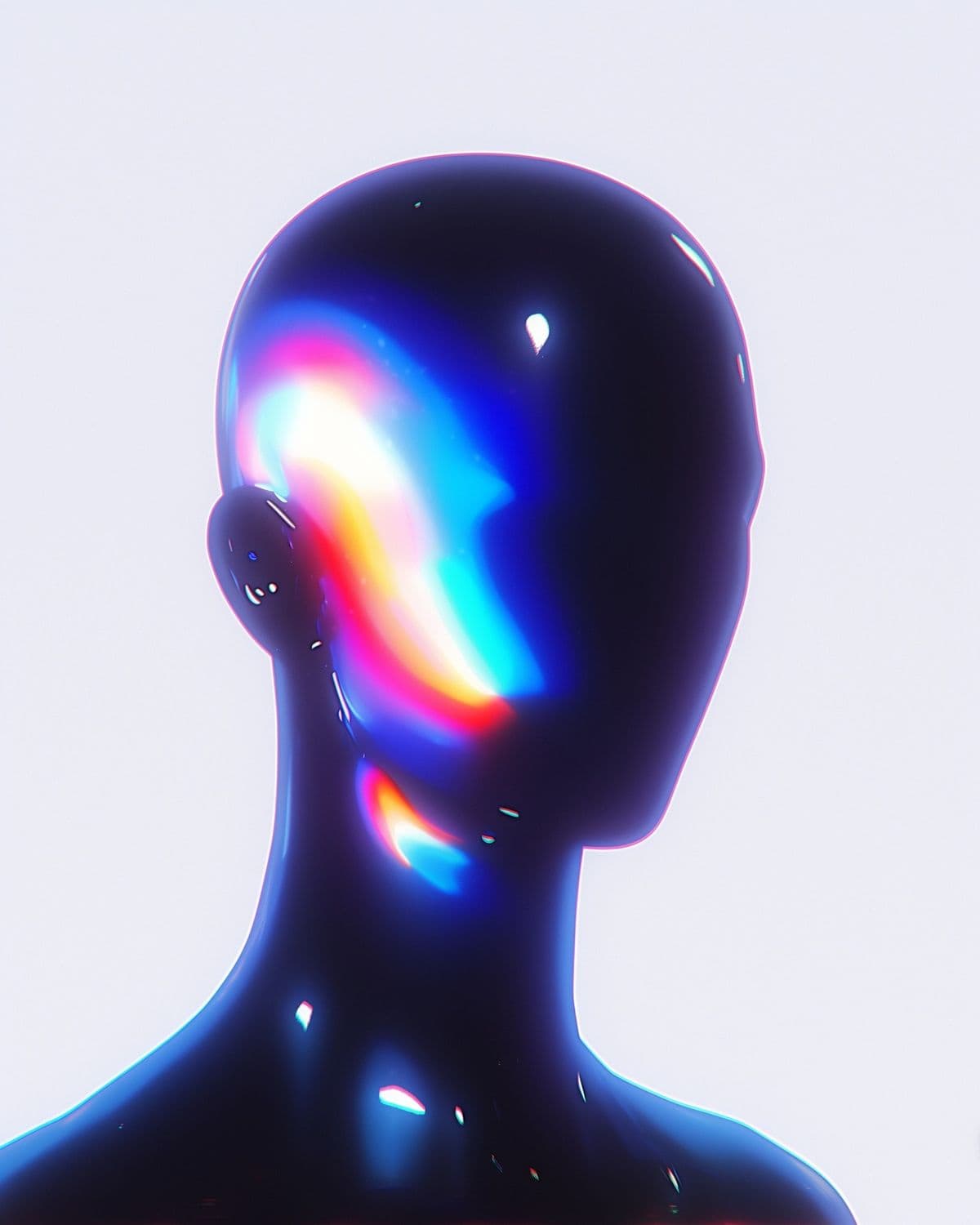 A glossy black figure lit by a single band of prismatic colour